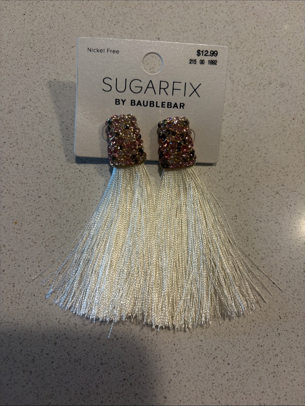 Ivory Tassel Earrings with Pink Crystal Caps